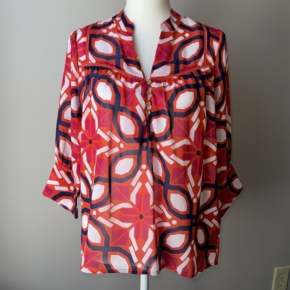 Buckhead Betties Colorful Blouse Semi Sheer Embroidery 3/4 sleeves Small Relaxed